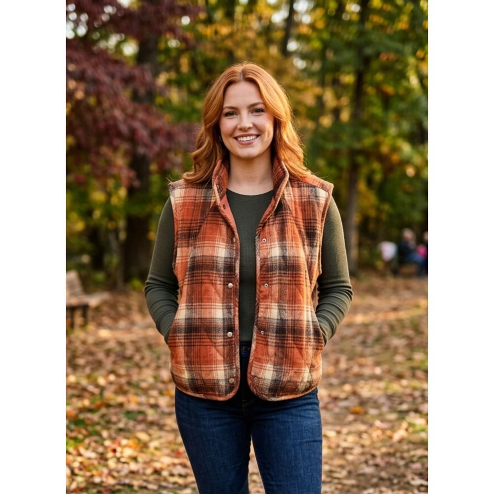 Haptics Holly Harper Orange Plaid Quilted Snap Front Vest Pockets Medium